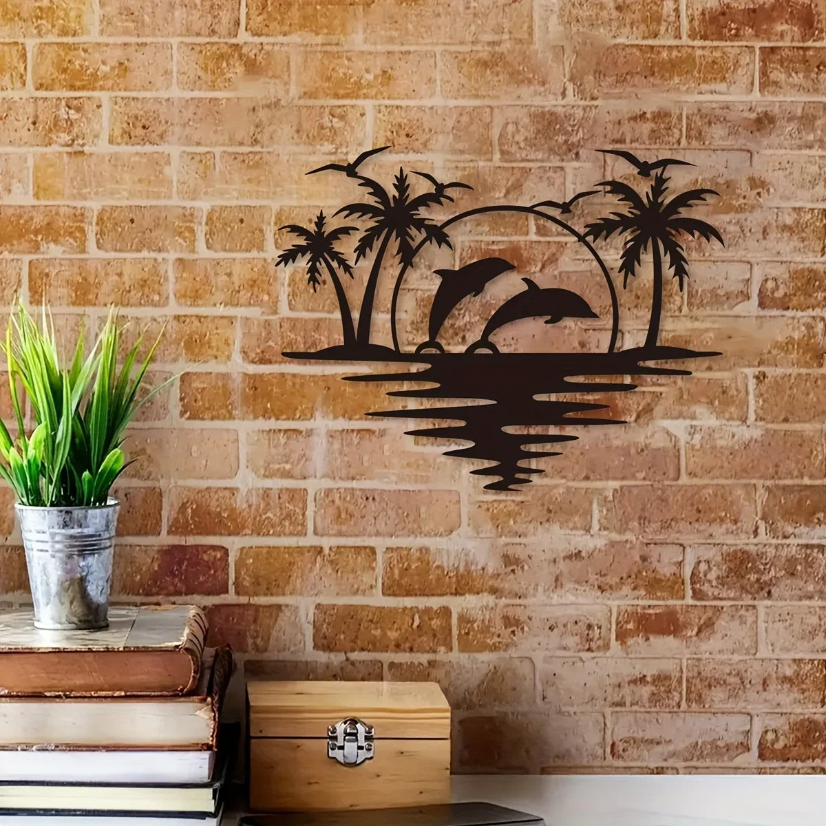 Purilite Select Creative Dolphin & Coconut Tree Beach Iron Wall Art | Indoor & Outdoor Metal Crafts Decoration for Living Room, Bedroom, Hallway, or Patio
