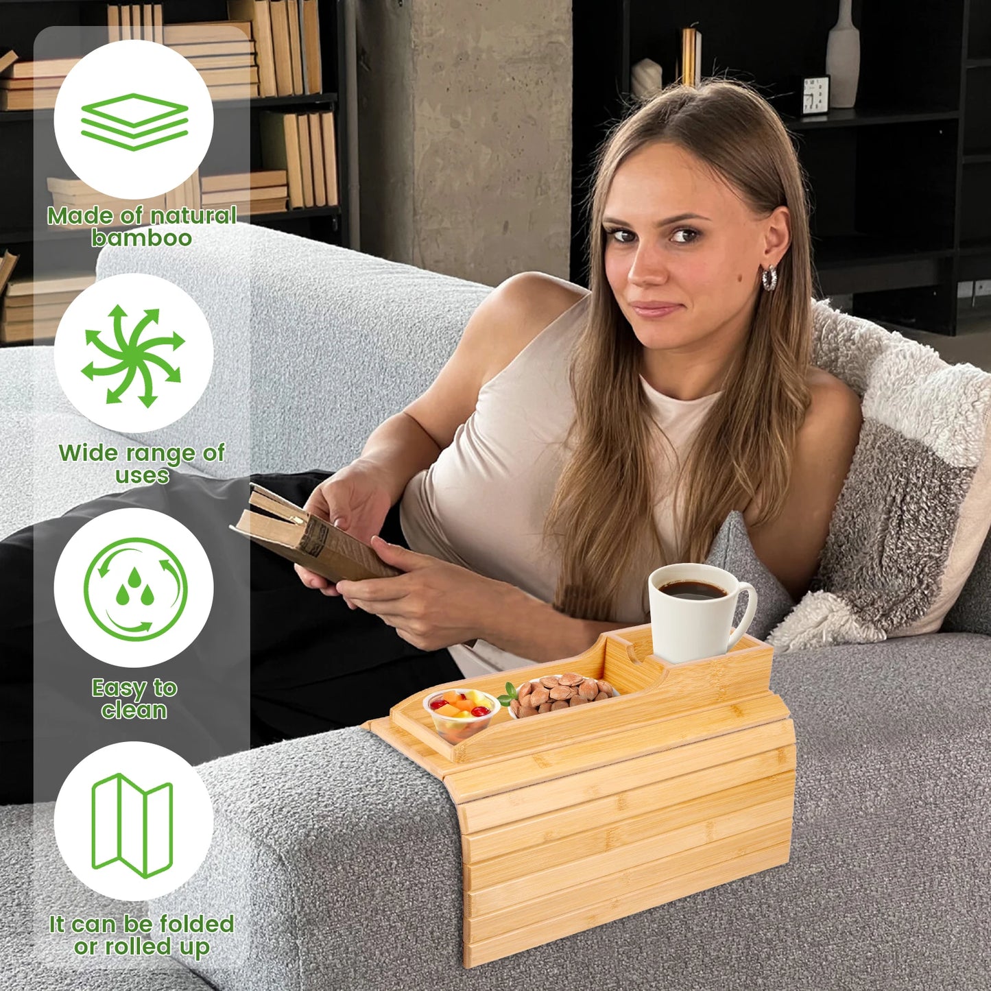 Purilite Select Couch Cup Holder | Bamboo Sofa Armrest Tray | Anti-Slip Foldable Side Table | Multifunctional Sofa Organizer | Living Room Accessory
