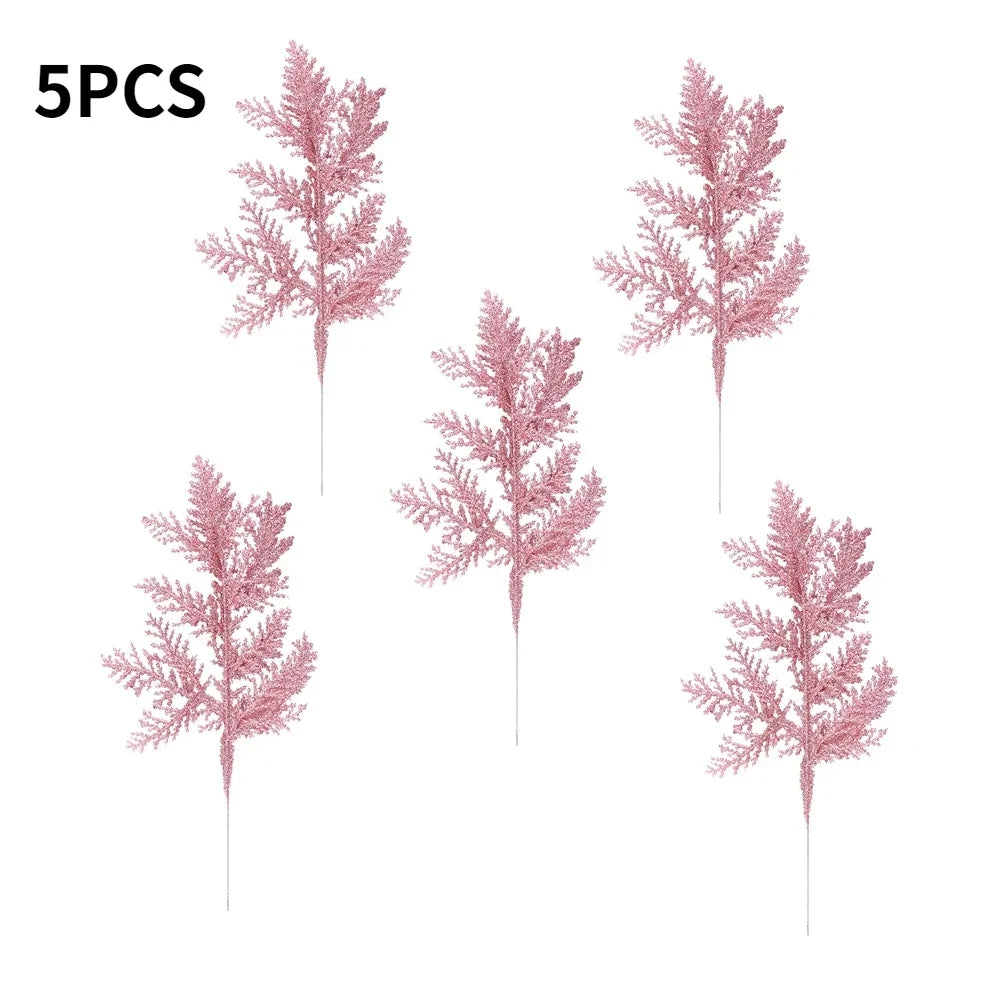 Purilite Select 5Pcs Glitter Artificial Pine Branches – Christmas Gold Leaves Ornament Set | Sparkling Xmas Tree & Home Decoration
