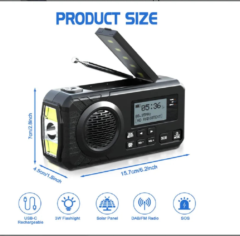 DAB+ Portable Hand Crank Radio Emergency Radio Solar  Emergency Radio with BT FM SOS Alarm 5000 mAh  Power Bank and reading lamp