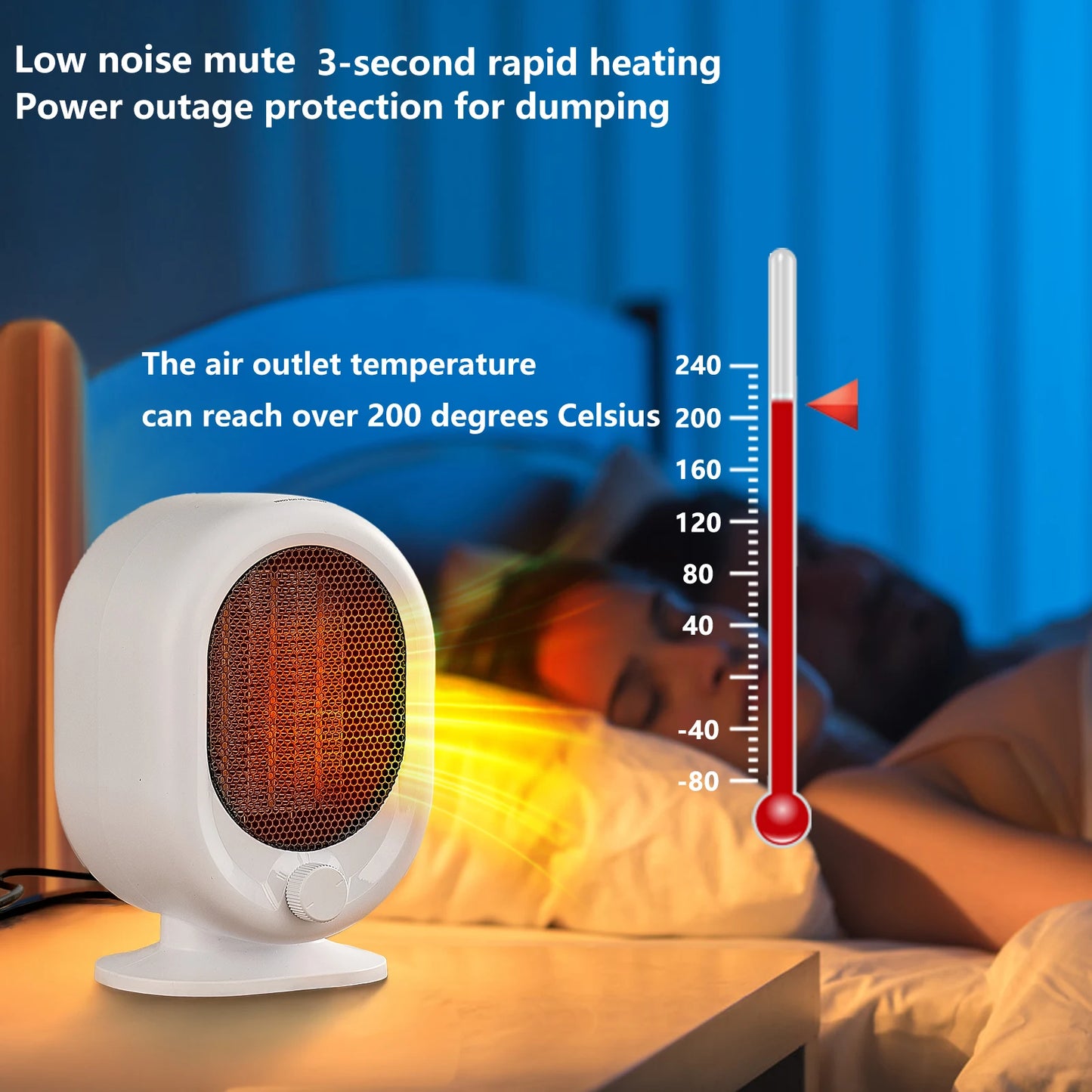 Desktop heater 3-second hot tilt power-off protection, silent timed home bedroom office mini heater