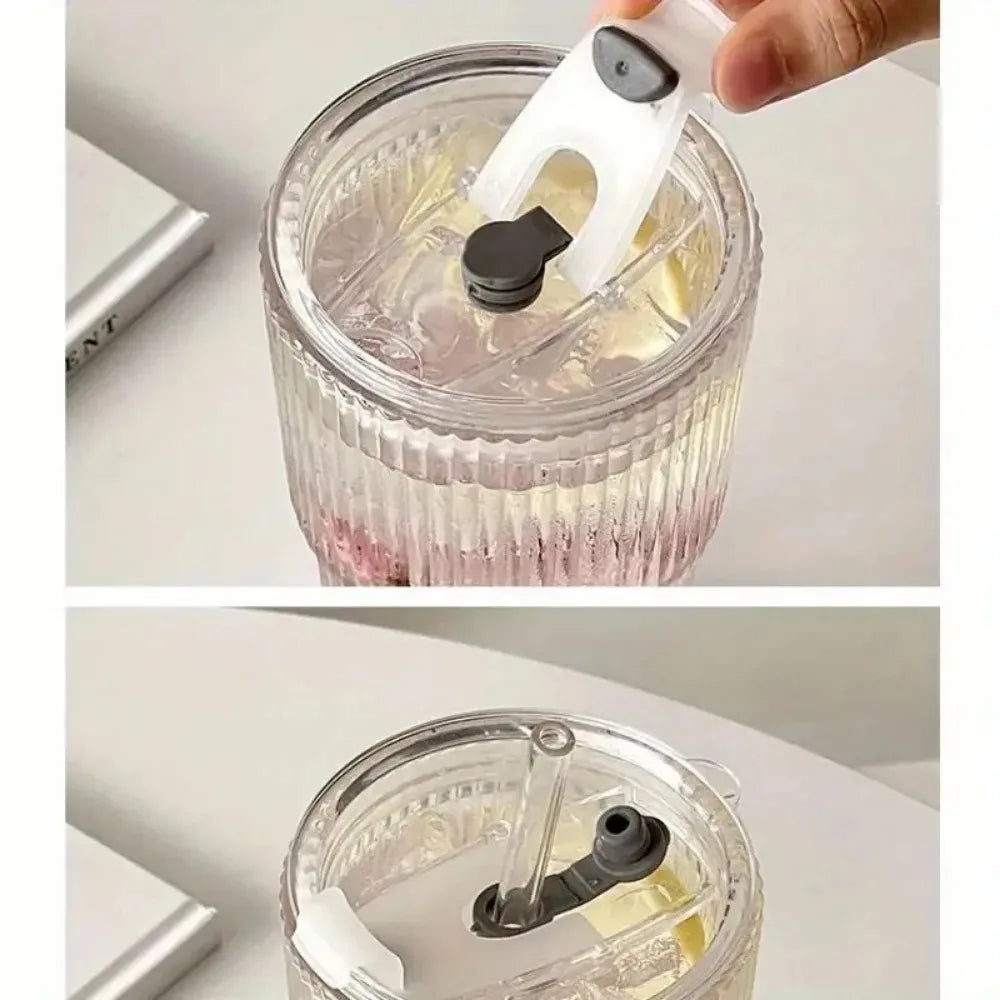 Purilite Select 600ml Stripe Glass Cup with Lid and Straw