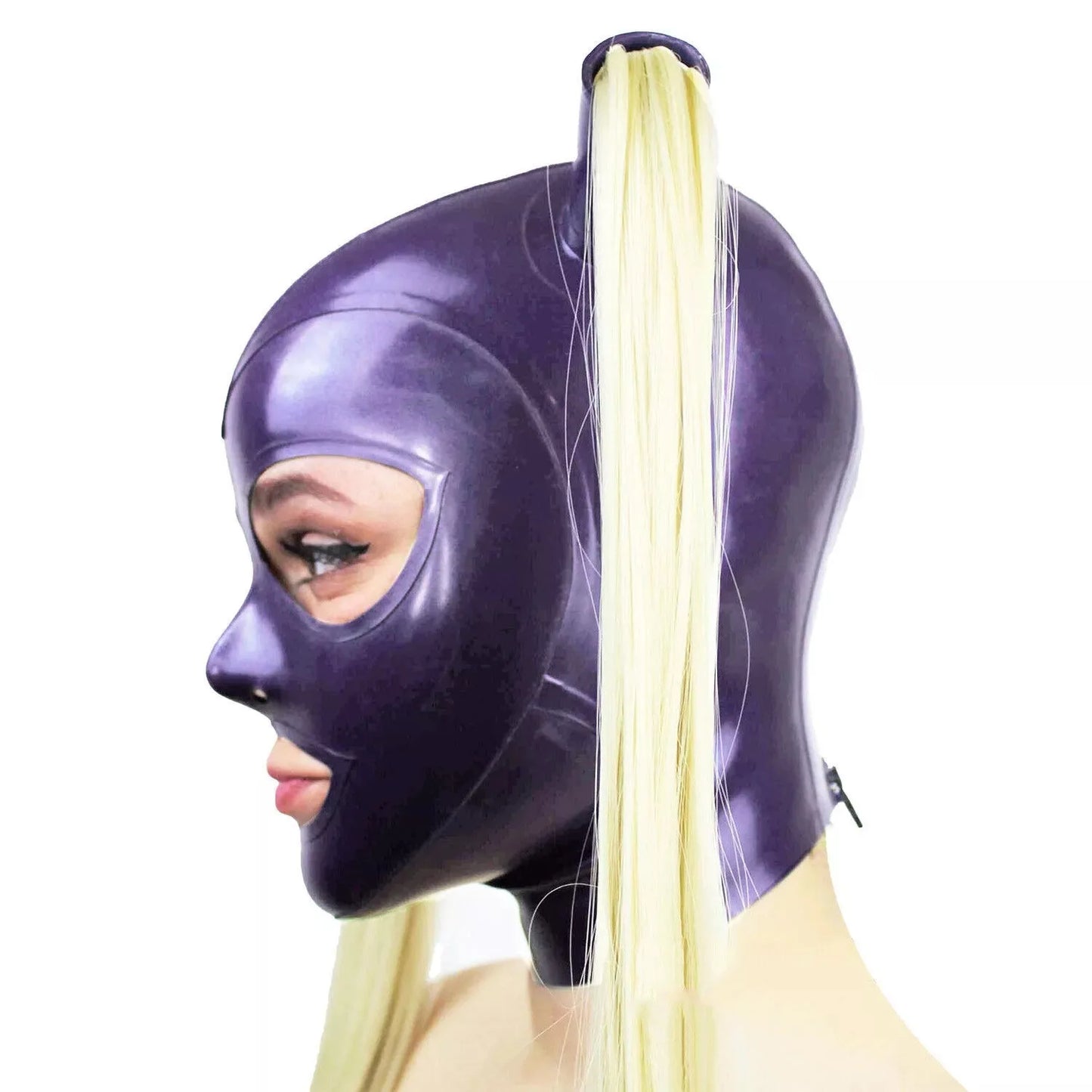 Purilite Select Purple Latex Hood Mask with Blond Double Ponytail Unisex Costume for Cosplay, Party, and Clubwear
