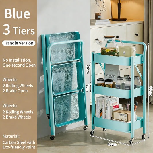 Purilite Select Foldable 3-Tier Storage Cart Carbon Steel Rolling Organizer Rack with Wheels for Kitchen Bedroom and Home - PuriLite
