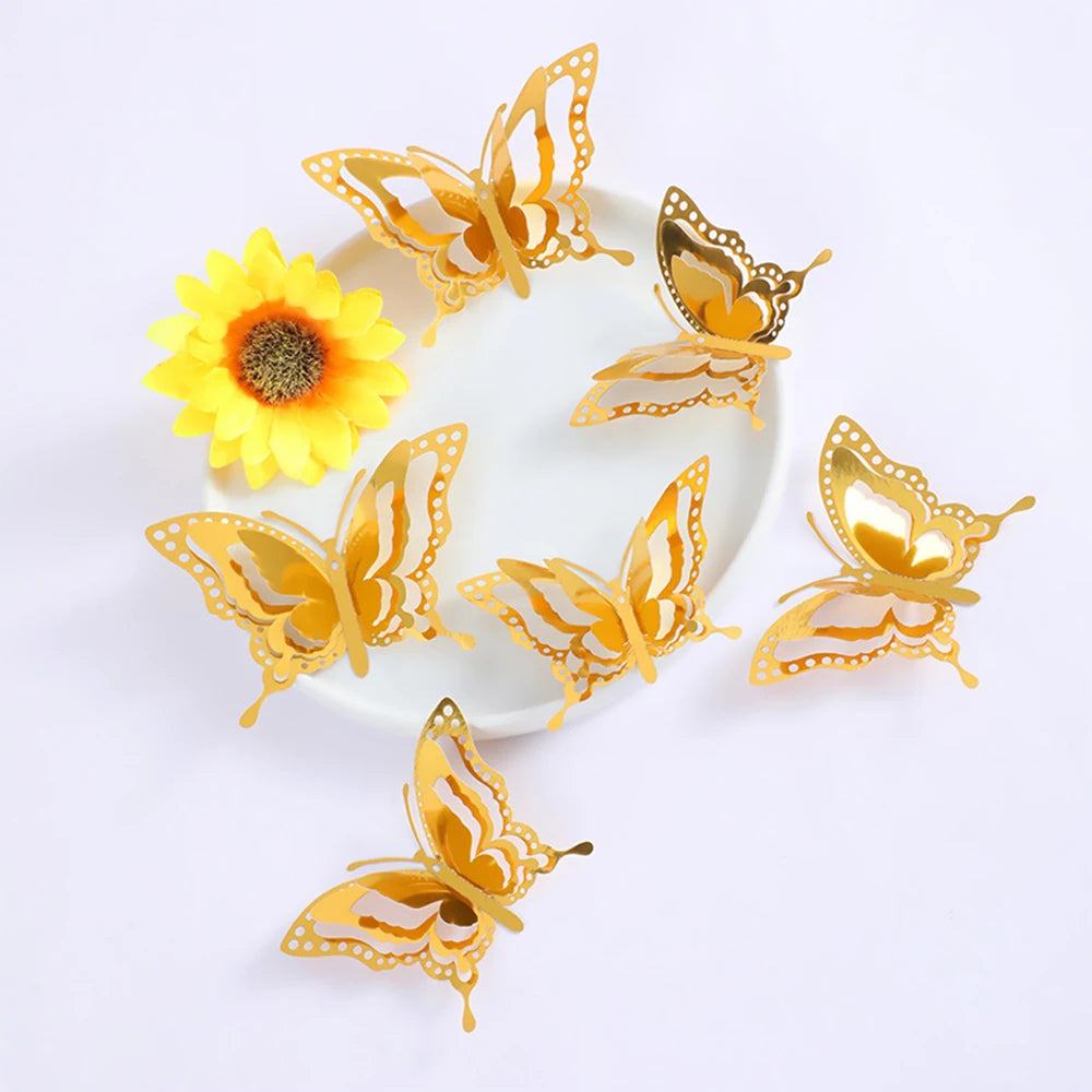 Purilite Select 12-Piece Gold Hollow Butterfly Wall Sticker Set – 3D Decorative Butterflies for Home, Wedding, and Garden Décor