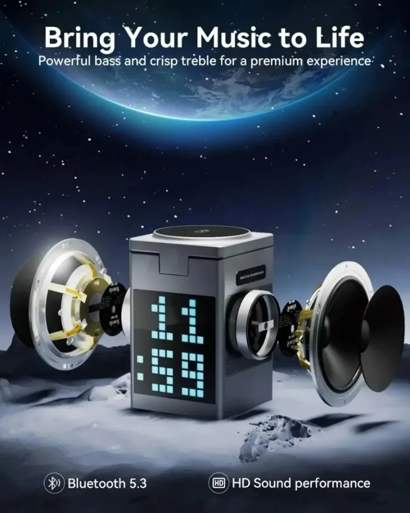 Purilite Select 15W 6-in-1 Cartoon Pixel Magnetic Wireless Charger with Foldable Bluetooth Speaker & Alarm Clock