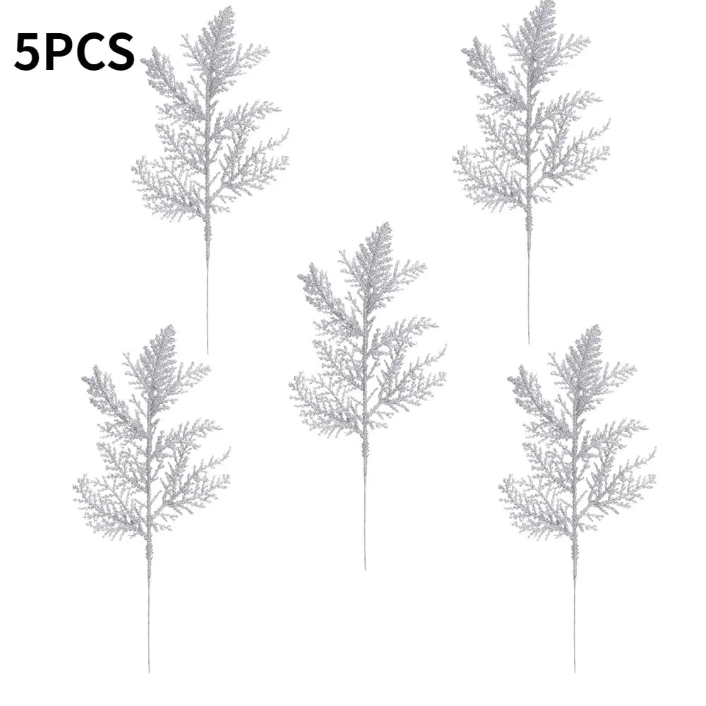 Purilite Select 5Pcs Glitter Artificial Pine Branches – Christmas Gold Leaves Ornament Set | Sparkling Xmas Tree & Home Decoration