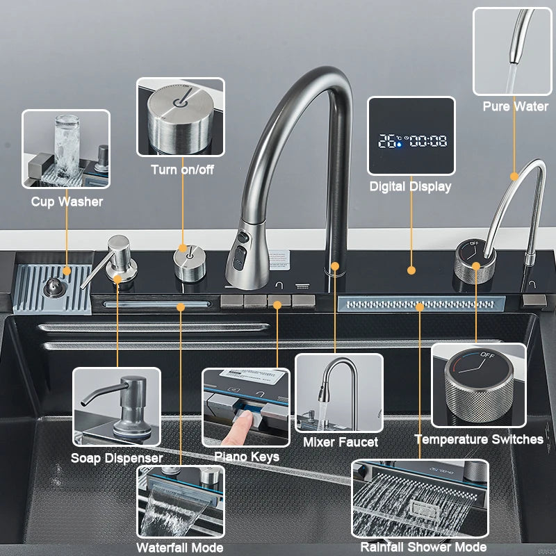 Purilite Select Multifunction Stainless Steel Kitchen Sink | Large Single Bowl Waterfall Sink with Pull-Out Faucet, Digital Display & 5-Function Water System