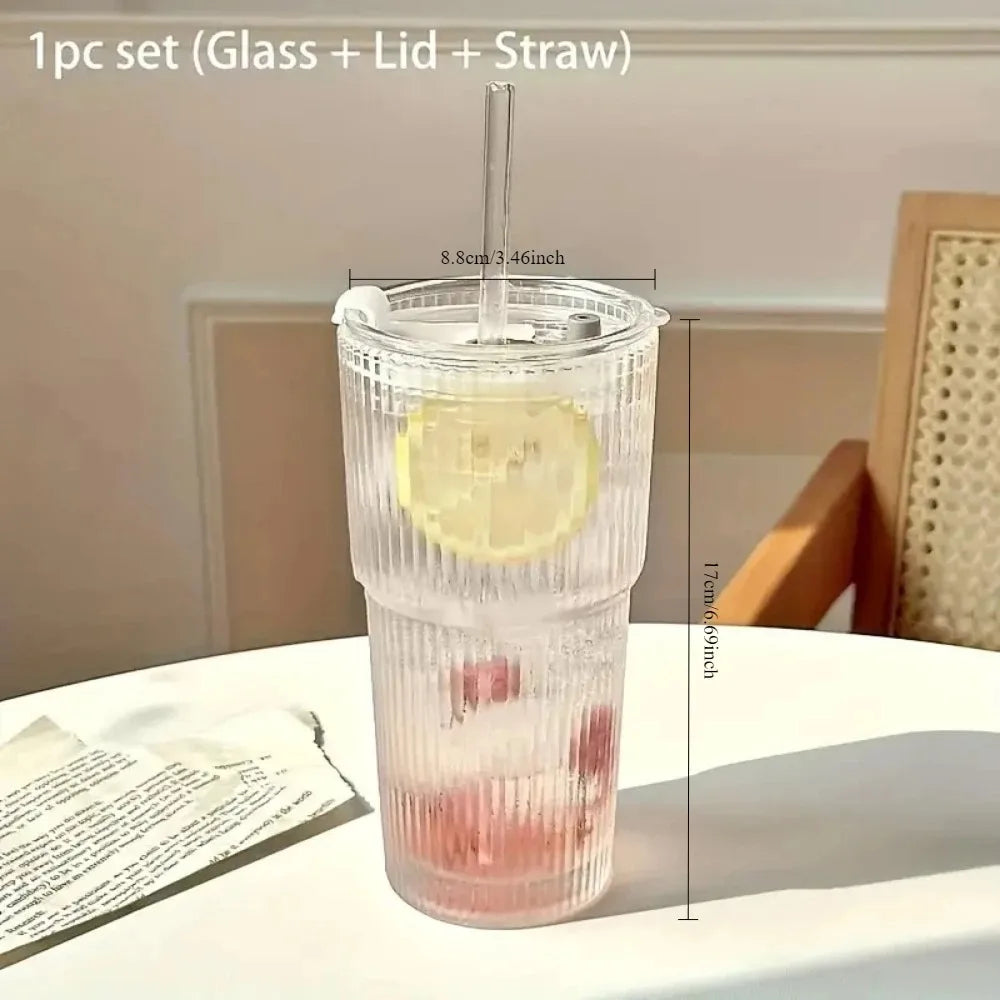 Purilite Select 600ml Stripe Glass Cup with Lid and Straw