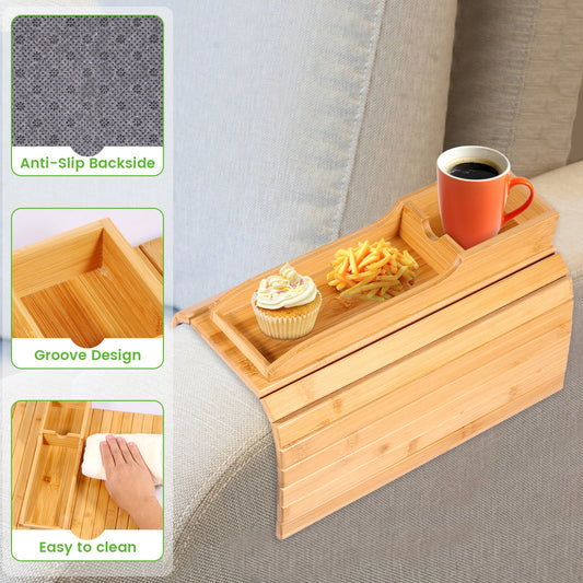 Purilite Select Couch Cup Holder | Bamboo Sofa Armrest Tray | Anti-Slip Foldable Side Table | Multifunctional Sofa Organizer | Living Room Accessory