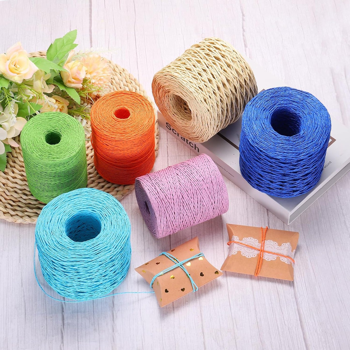 PATIKIL Natural Cotton Raffia Yarn 328 Yard, Crochet Raffia Paper Ribbon for DIY Sun Hat Beach Bag Crochet Yarn Wrapping Knitting, Blue
