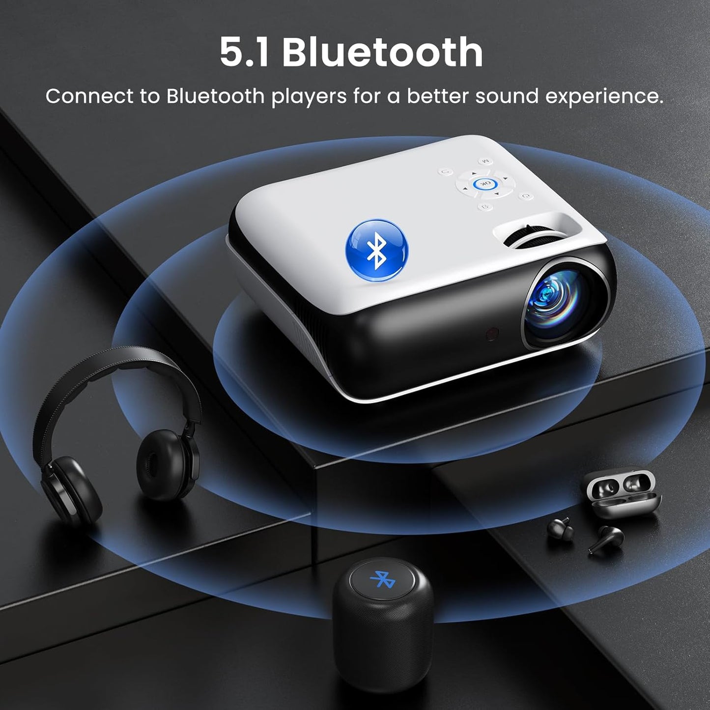 HAPPRUN Native 1080P Bluetooth Projector, Full HD Portable Outdoor Movie Projector with Built-in Speaker, Compatible with Smartphone, HDMI, USB, AV, Fire Stick, PS5 for Home, Bedroom, Outdoor Use