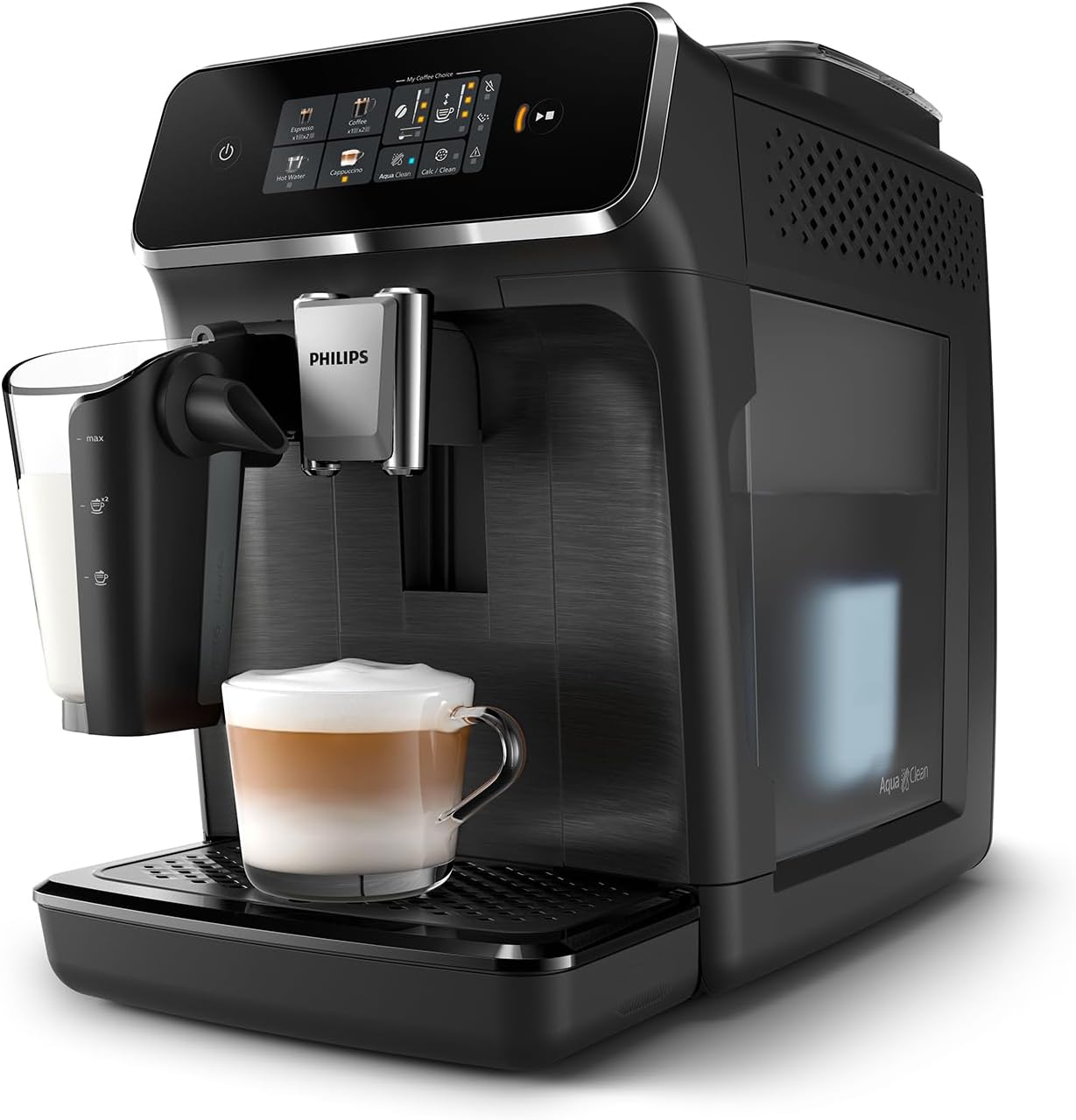 Philips 2300 Series Fully Automatic Espresso Machine - 4 Beverages, Colour touch screen display, LatteGo milk system, SilentBrew, 100% Ceramic Grinder, AquaClean Filter. Matte Black (EP2330/10)