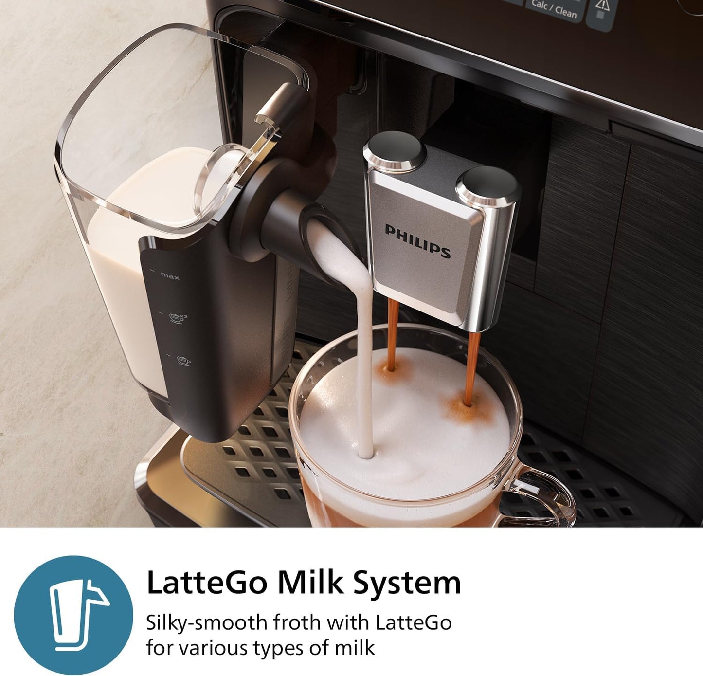 Philips 2300 Series Fully Automatic Espresso Machine - 4 Beverages, Colour touch screen display, LatteGo milk system, SilentBrew, 100% Ceramic Grinder, AquaClean Filter. Matte Black (EP2330/10)