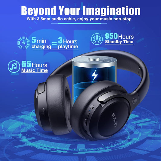 BERIBES Bluetooth Headphones Over Ear,65H Playtime and 6 EQ Modes Wireless Headphones with Microphone,Immersive Bass,HiFi Stereo,Foldable Lightweight Headset with Built-in HD Mic for Cellphone/PC/Ect. - PuriLite