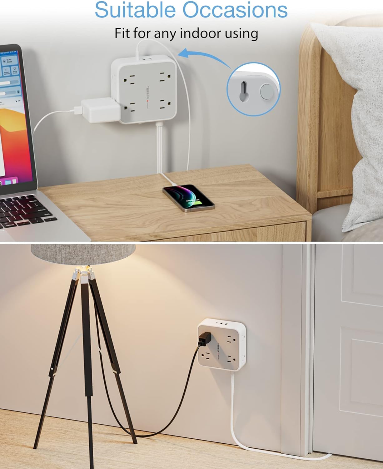 Flat Plug Power Bar with USB C, TESSAN 5 Ft Extension Cord Indoor with 8 Multi Outlets and 3 USB (1 USB C), Surge Protector Power Strip, Wall Mount Charging Station for Home Office Dorm, Gray