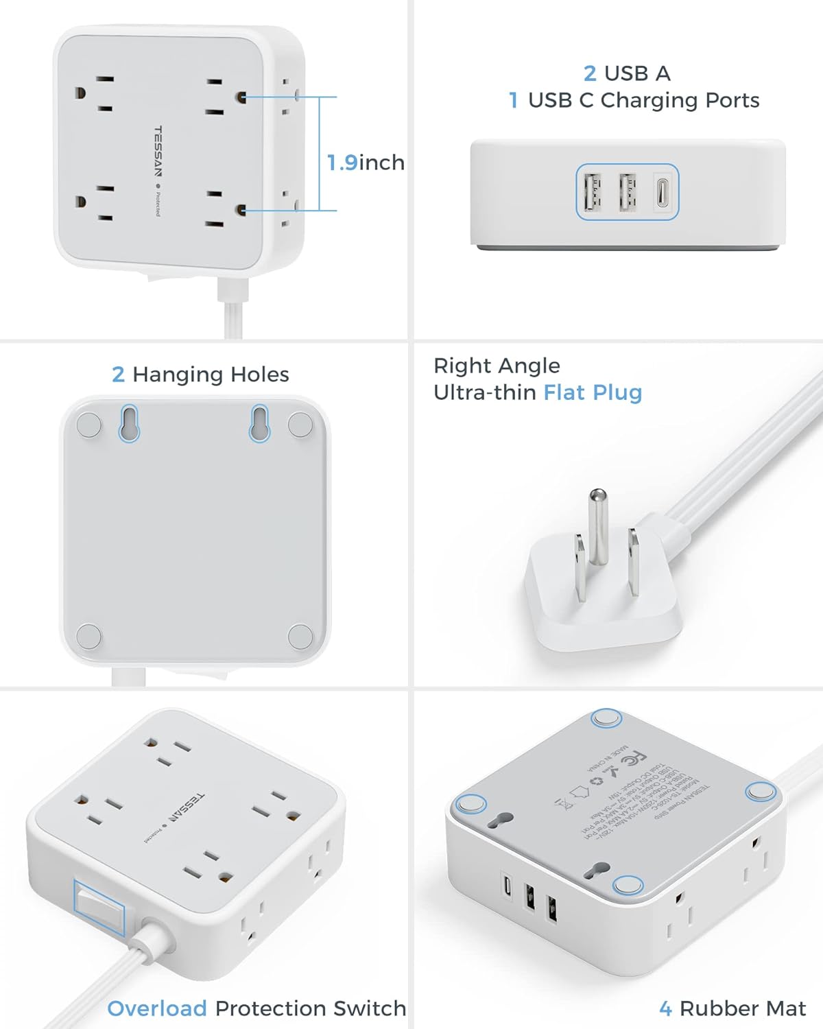 Flat Plug Power Bar with USB C, TESSAN 5 Ft Extension Cord Indoor with 8 Multi Outlets and 3 USB (1 USB C), Surge Protector Power Strip, Wall Mount Charging Station for Home Office Dorm, Gray