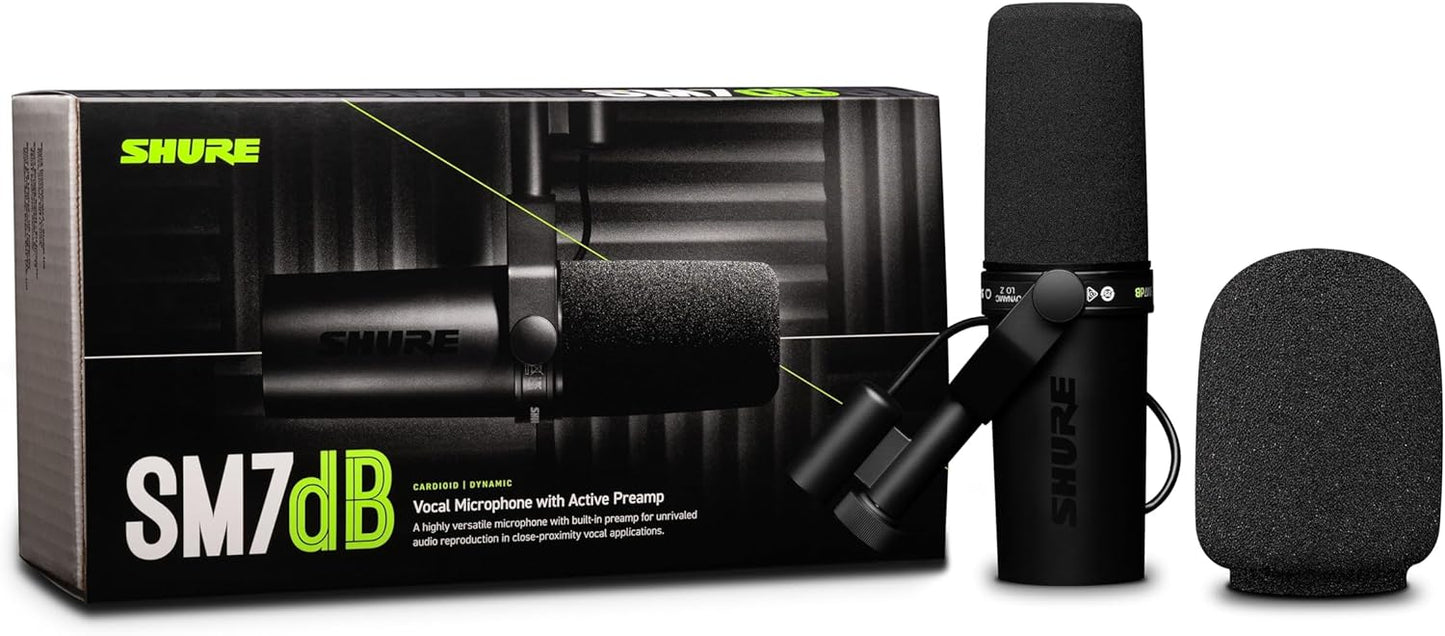 Shure SM7dB Dynamic Vocal Microphone w/Built-in Preamp for Streaming, Podcast, & Recording, Wide-Range Frequency, Warm & Smooth Sound, Rugged Construction, Detachable Windscreen - Black