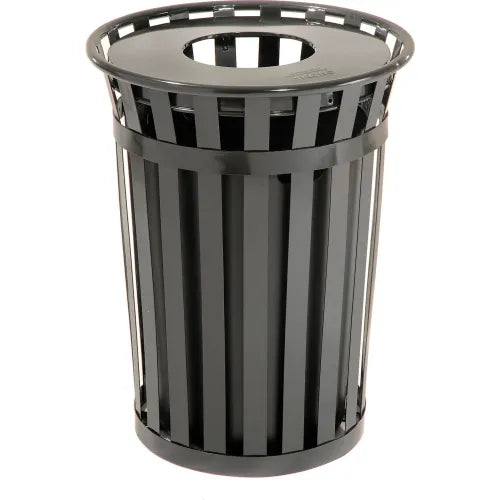 Global Industrial™ Outdoor Slatted Steel Trash Can With Flat Lid, 36 Gallon, Black