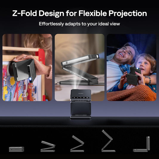 Zip Tri-Fold Truly Portable DLP Projector, Pocket Size, Zero-Lag Focus, One-Click Screen Mirroring, Full-Screen Mode, Type-C Fast Charging, 5,000mAh Battery, Indoor Outdoor Mini Projector, Grey
