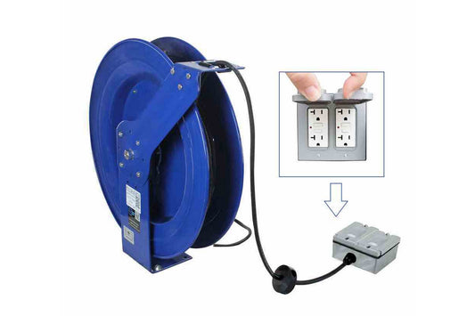 Larson General Area Use Tool Tap Cord Reel - 30' 8/3 SOOW Cord - (4) 5-20R GFCI Receptacles - Cord Grip