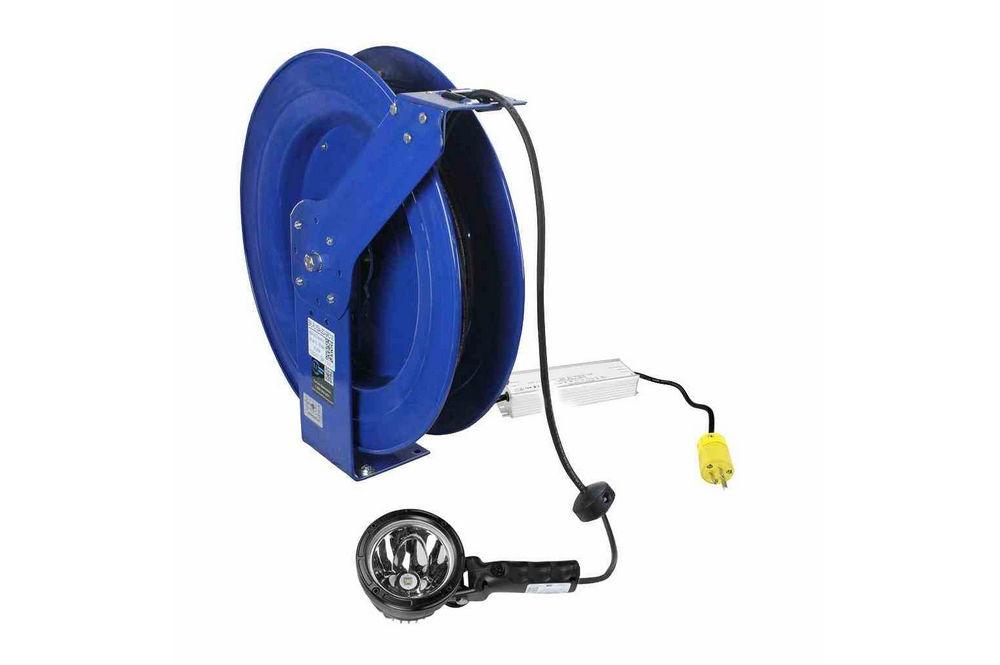 25W Handheld LED Spotlight w/ 100' 12/3 SOOW Cord Reel & Inline Transformer - 100-277VAC to 24VDC