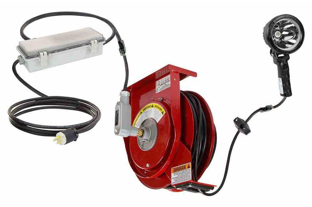 25W Handheld LED Spotlight w/ 50' 12/3 SOOW Cord Reel & Encapsulated Transformer/Disconnect
