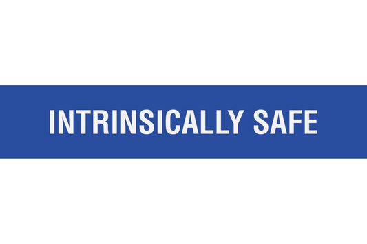 Larson Adhesive Equipment Label - INTRINSICALLY SAFE - White Text w/ Blue Background - 2"H x 10"L