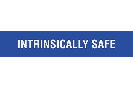 Larson Adhesive Equipment Label - INTRINSICALLY SAFE - White Text w/ Blue Background - 30MM x 90MM