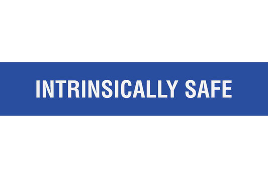 Larson Adhesive Equipment Label - INTRINSICALLY SAFE - White Text w/ Blue Background - 50MM x 80MM