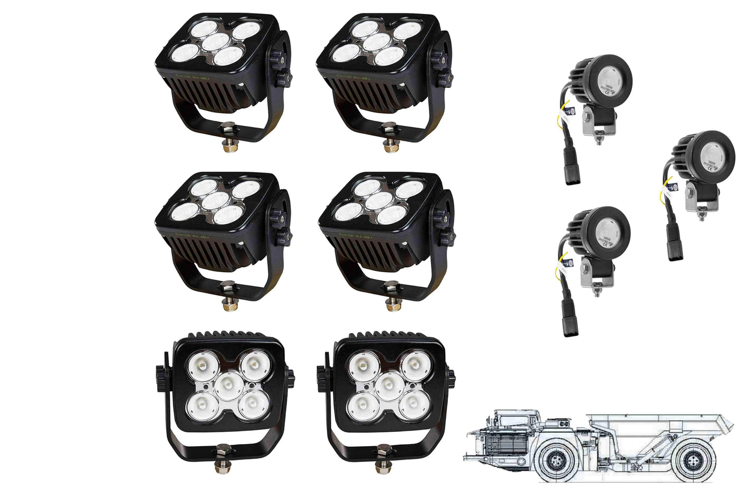 Larson LED Light Package for Sandvik 40D Dump Truck- LED Retrofit/Fitout (6) LEDP10W-50E (3) LEDP10W-1R-F