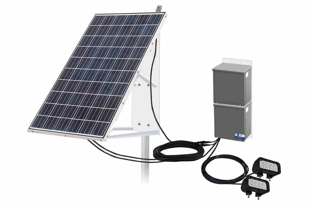 48W Solar Powered LED Light w/ 265W Panel & Automatic Timer - (2) 24W LED Lamps - (2) 12V Batteries - Pole Mount Panel
