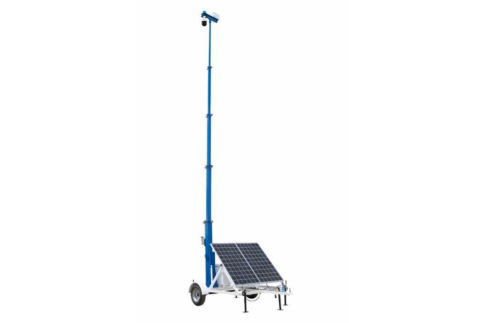 Portable Solar Surveillance Tower w/ IP Camera - 30' Mast, 10' Trailer - Backup Genset, LED Strobe