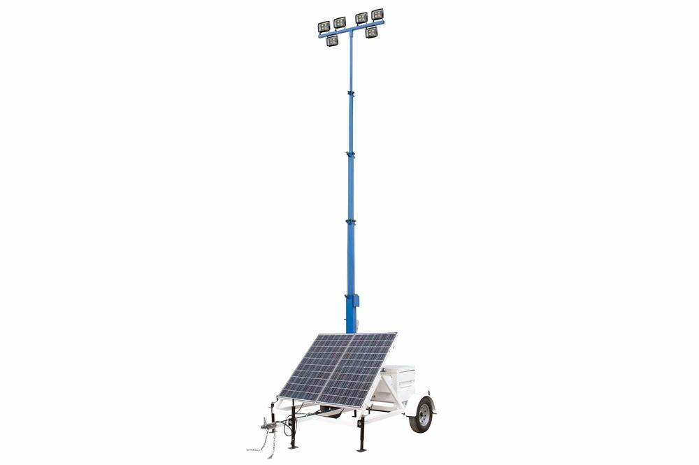 300W Solar Light Tower - 30' Light Tower - 7.5' Trailer - (6) 50W Lamps - Inverter/Backup Diesel Generator