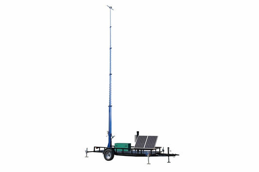 50 Foot Telescoping Solar Megatowerâ„¢- 15-50' Light Tower - (2) Solar Panels - T-Head w/ (2) 5" x 5" Mounting Plates - 16' Trailer, (4) Outriggers - 85' Coiled Cable