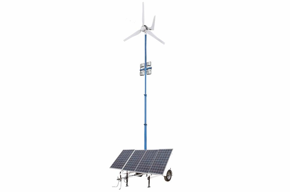 1.2 kW Solar Light Tower - 30' Light Tower, 7.5' Trailer - (4) LED Lamps - (4) 250aH 12V AGM Deep Cycle Batt. - Wind Gen