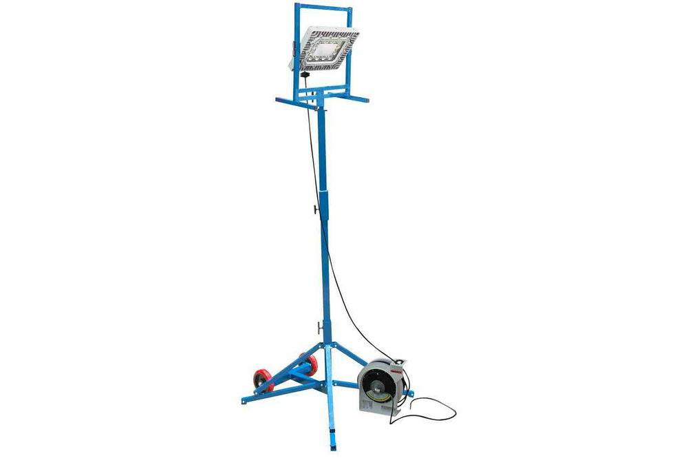150 Watt Base Stand Work Area LED Light Tower - Quadpod Mount - 12' Height - 50' Cord Reel
