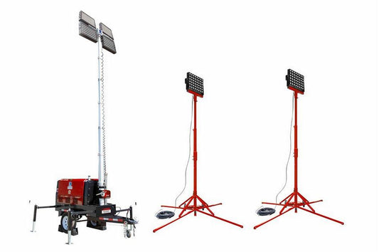 25' LED Light Tower - 20kW Diesel Gen - (4) LED Lamps - 220V/50Hz - (2) Aux LED Towers - Red