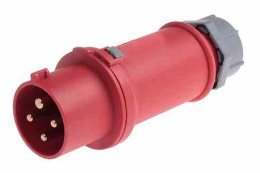 32A Weatherproof Industrial Pin and Sleeve Plug - 3 Pole 4 Wire - 415V AC - IEC 60309/IP44 - Red