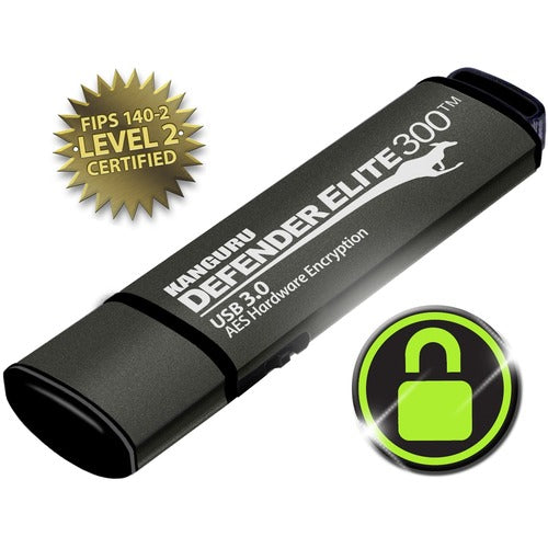 Kanguru Solutions Kanguru Defender Elite300 FIPS 140-2 Certified, SuperSpeed USB 3.0 secure flash drive, 8G - 8 GB - USB 3.0 - Black - 256-bit AES - 3 Year Warranty - PuriLite