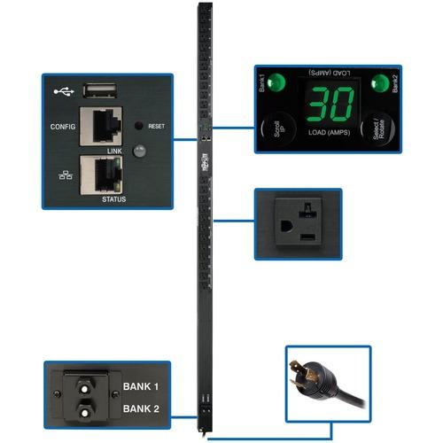 Tripp Lite PDUMNV30LX 2.9kW Single-Phase Monitored PDU - Monitored - NEMA L5-30P - 24 x NEMA 5-15/20R - 120 V AC - Network (RJ-45) - 0U - Vertical - Rack-mountable - TAA Compliant