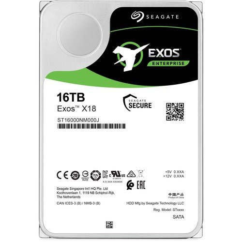 Seagate Exos X18 ST16000NM000J 16 TB Hard Drive - 3.5" Internal - SATA (SATA/600) - Video Surveillance System, Storage System Device Supported - 7200rpm - 261 MB/s Maximum Read Transfer Rate - Hot Swappable - PuriLite