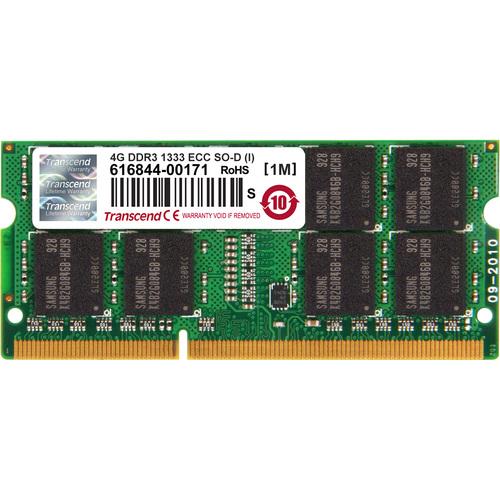 Transcend 4GB DDR3 1333 ECC-SO-DIMM CL9 2Rx8 IND - 4 GB (1 x 4GB) - DDR3-1333/PC3-10600 DDR3 SDRAM - 1333 MHz - CL9 - 1.50 V - ECC - Unbuffered - 204-pin - SoDIMM