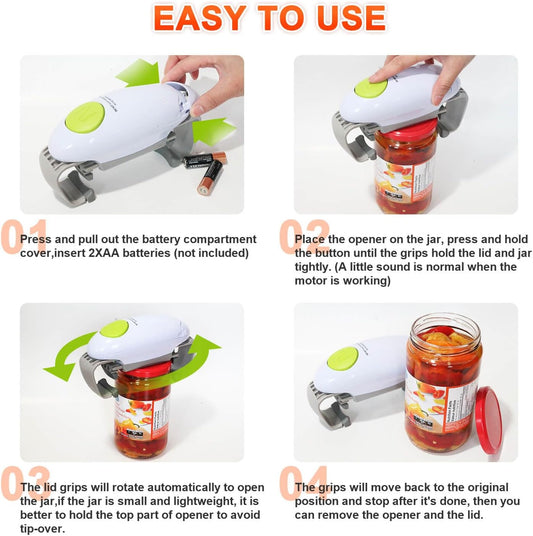Electric Jar Opener for Arthritis Hands, Automatic One Touch Glass Jar Opener for Seniors, Battery Powered Jar Opener for Weak Hands, Powerful Kitchen Gaget Suitable for Different Sizes of Jars