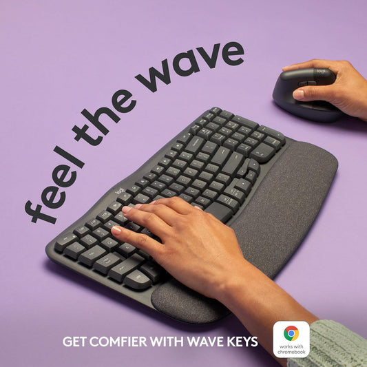 Logitech Wave Keys Wireless Ergonomic Keyboard with Cushioned Palm Rest, Comfortable Natural Typing, Easy-Switch, Bluetooth, Logi Bolt Receiver, for Multi-OS, Windows/Mac - Graphite - PuriLite