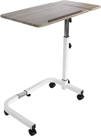 KMINA Overbed Table with Wheels, Hospital Bed Table Adjustable, Medical Bedside, C Shaped, Tilting, Wood, Elderly