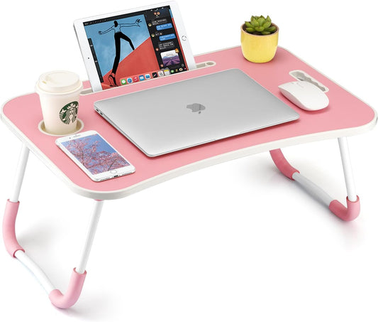 FISYOD Foldable Laptop Table, Portable Lap Desk Bed Table Tray, Laptop Stand with Cup Holder & Tablet Slot & Lifting Handle for Working Writing Drawing & Eating (Pink) - PuriLite