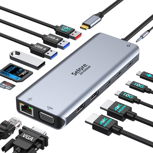Selore USB C Docking Station for Laptop Dual Monitors, Upgrade14 in 1 Triple Docking Station Dual Monitor Display USB C Hub Dual HDMI Adapter Dongle with 2HDMI for Dell/HP/Lenovo/Surface/MacBook Air