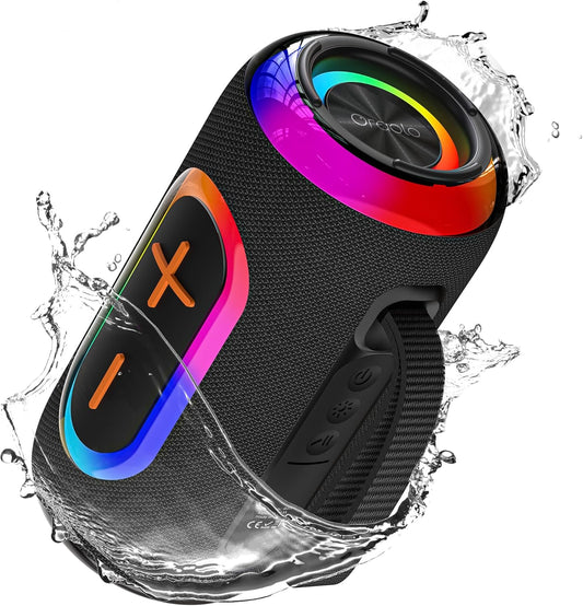 Oraolo Bluetooth Speaker, Portable Speaker with 24W Loud Stereo Sound, Colorful RGB Lights, TWS Pairing, Bluetooth 5.4, 15H Playtime, Support AUX/TF Card, Wireless Speaker for Party Home Camping