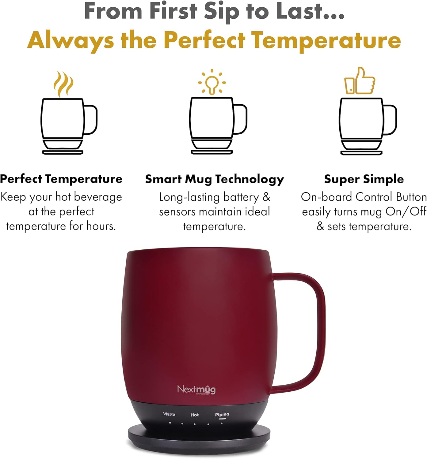 Nextmug - Temperature-Controlled, Self-Heating Coffee Mug (Burgundy - 14 oz.) - PuriLite